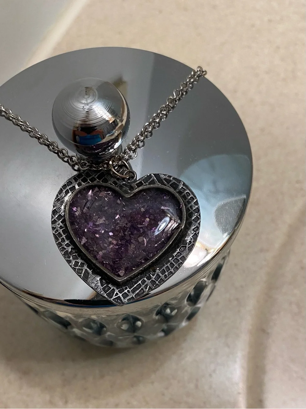 Silver-Tone Heart Pendant Necklace with Purple Resin Inlay
